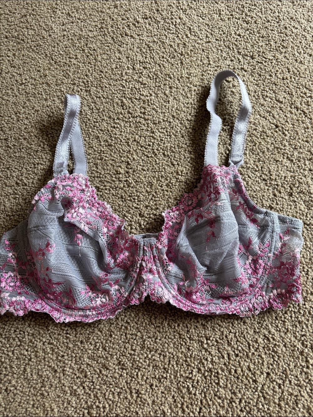 Wacoal Embrace Lace Gray Underwire Bra with Pink Floral Embroidery